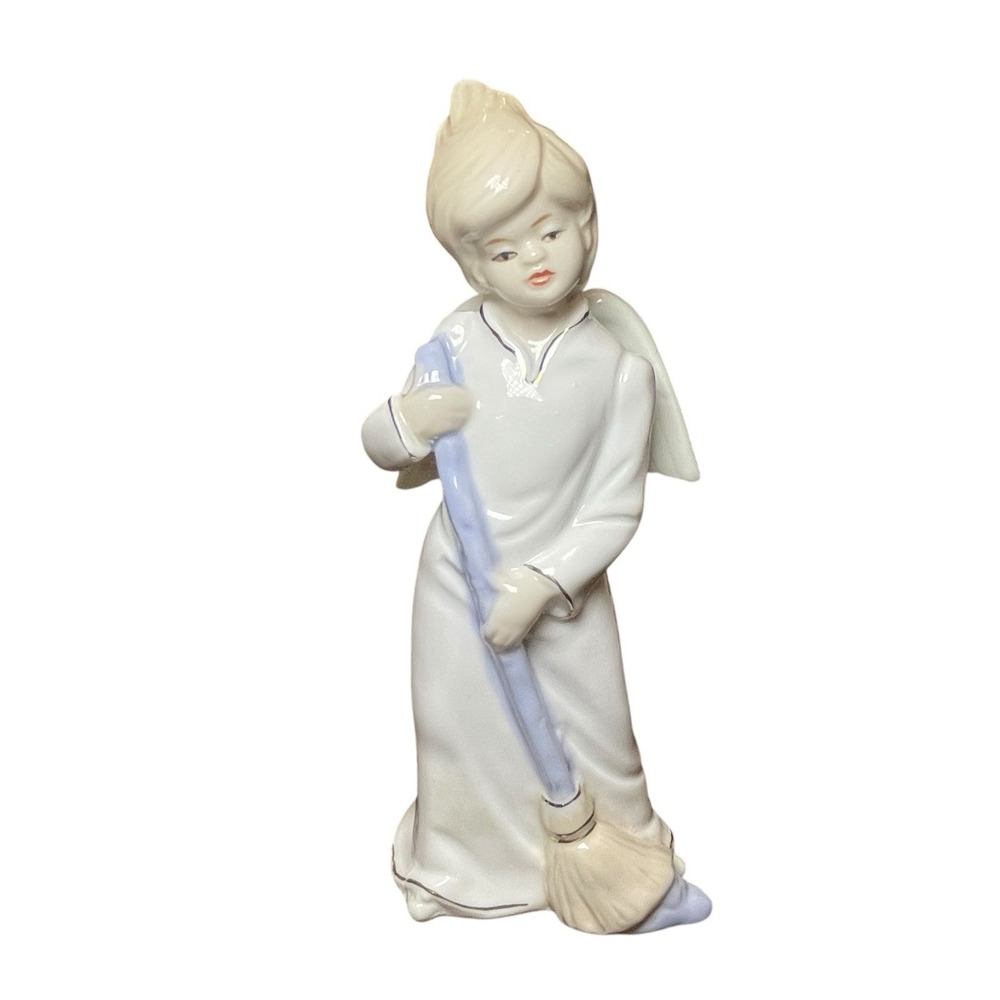Vintage Sanmyro Angel with Broom Away the Clouds Gloss Porcelain Figure 7.5 in